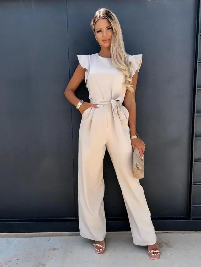Elegante Dames Jumpsuit met Strikceintuur – Comfortabele Zomeroutfit met Volle Pijpen