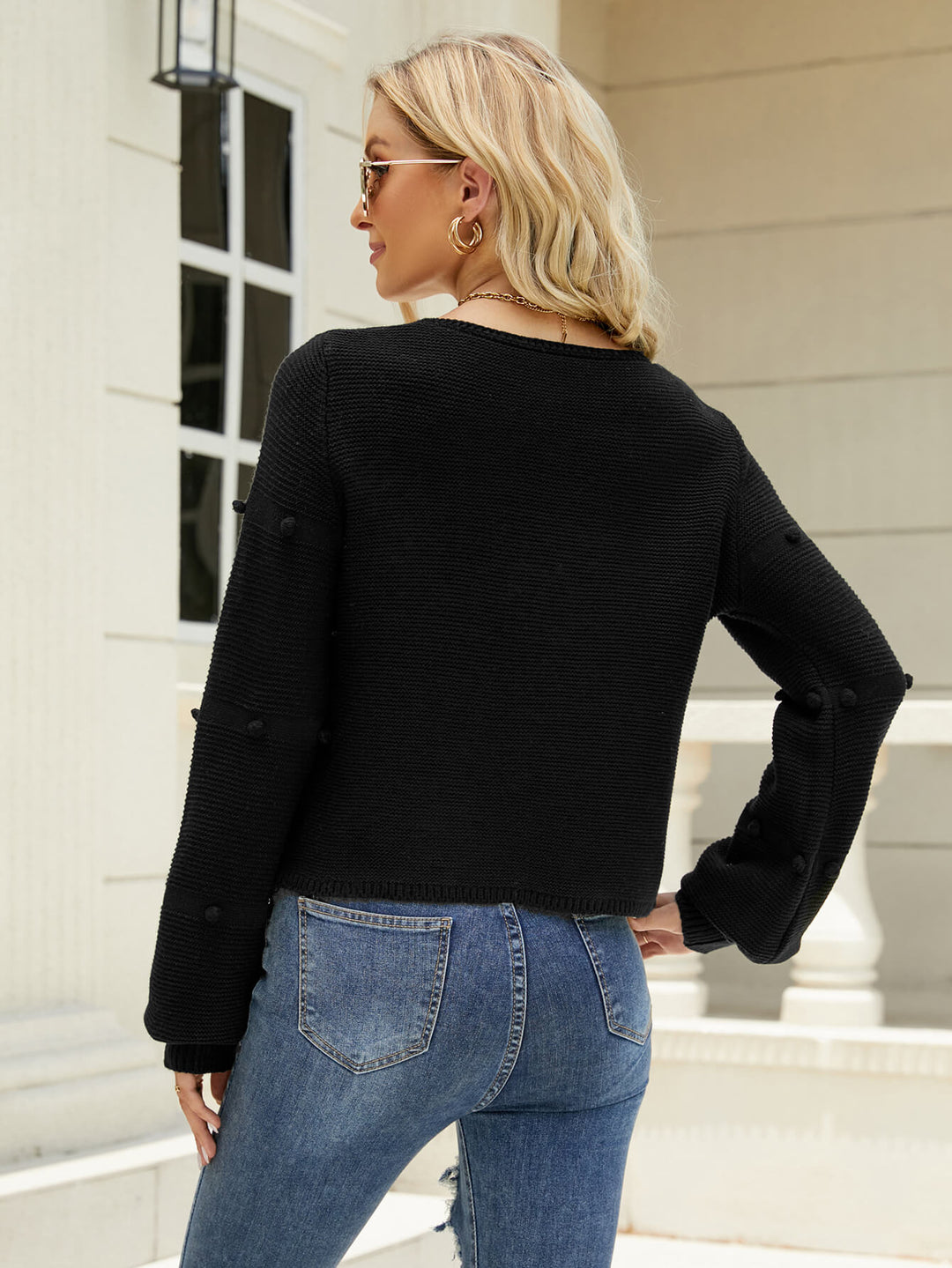 Pom-Pom Detail V-Hals Gebreide Trui | Lange Mouwen | Regular Fit