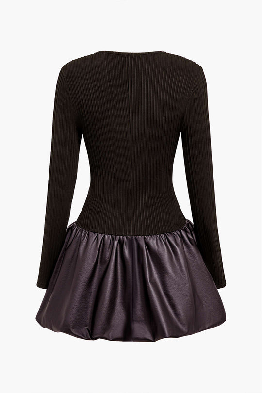 PU Patchwork Ruched Square Neck Mini Jurk