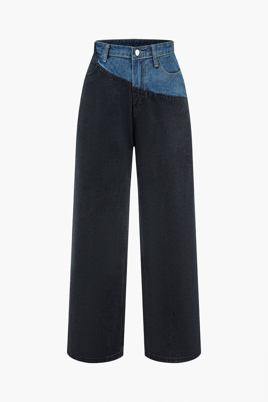 Patchwork Denim Kleur Blok Rits Jeans