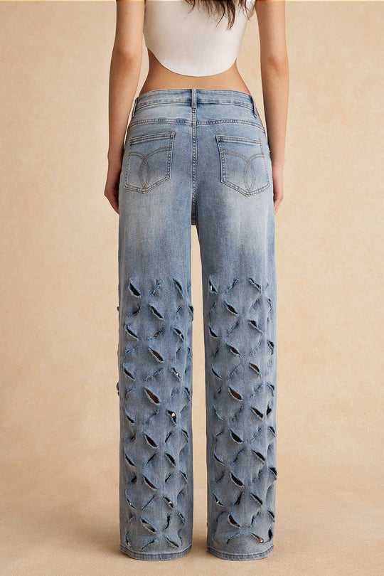 Gescheurde Cut Out Knop Pocket Wijde Pijpen Jeans