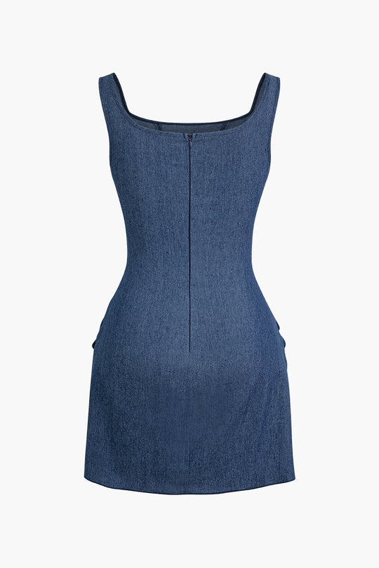 3D Bloem Rimpel Tank Denim Jurk – Verfijnde Pasvorm voor Elke Gelegenheid