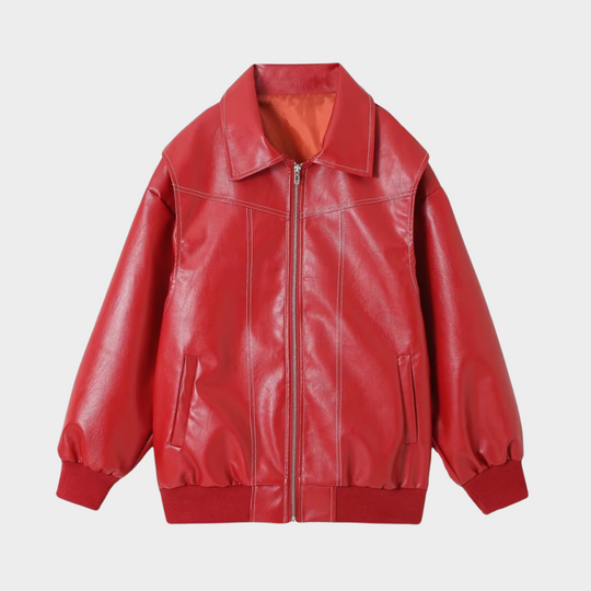Dames Oversized Bomberjack | PU Leer met Contrasterende Stiksels | Jas met Rits en Voering