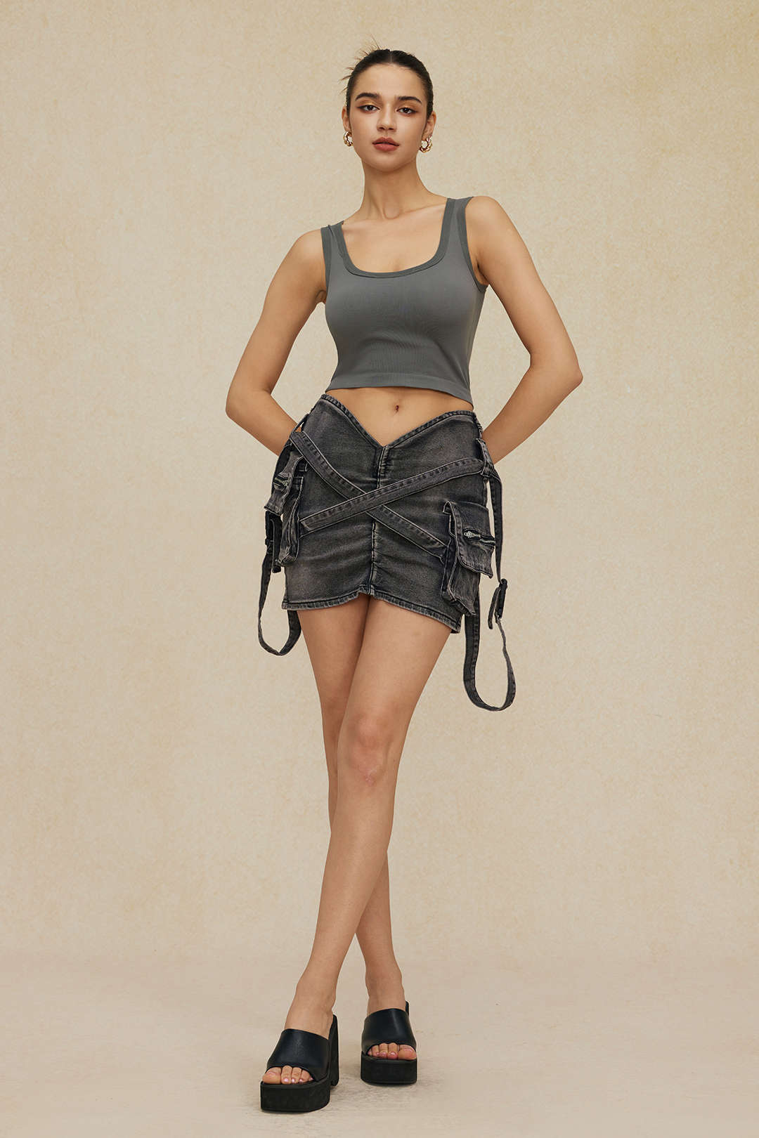 V-taillering Gesp Flap Pocket Denim Cargo Rok