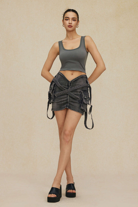 V-taillering Gesp Flap Pocket Denim Cargo Rok