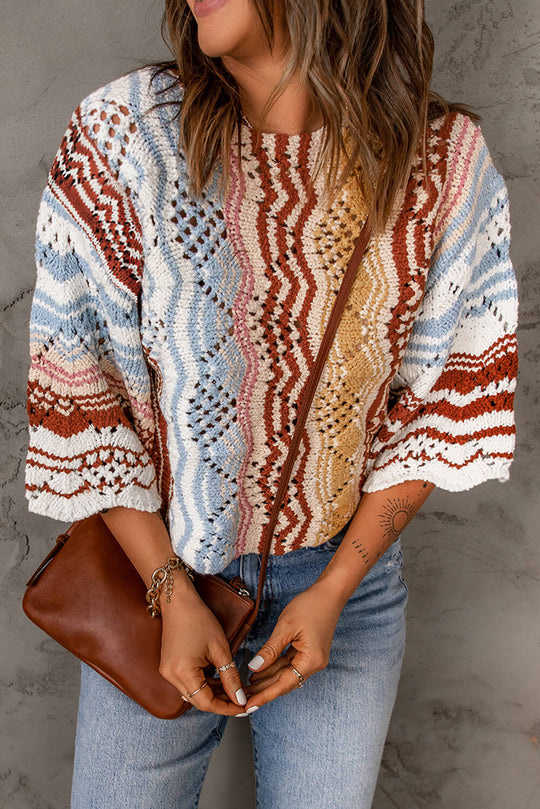Multikleurige Chevron Stripe Open Werk Cropped Trui | Halve Mouwen | Verlaagde Schouders