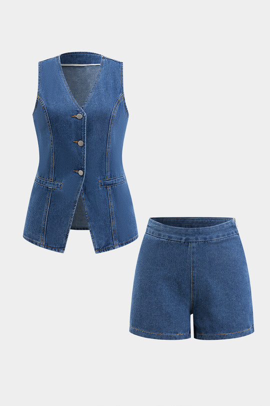 Denim Knopzak Ceintuurtop en Shorts Set