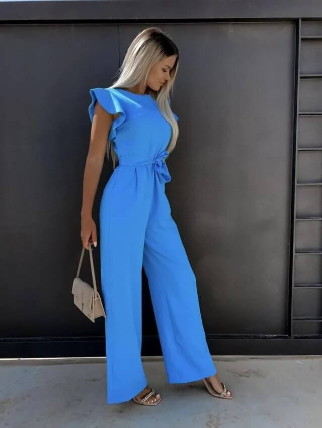 Elegante Dames Jumpsuit met Strikceintuur – Comfortabele Zomeroutfit met Volle Pijpen