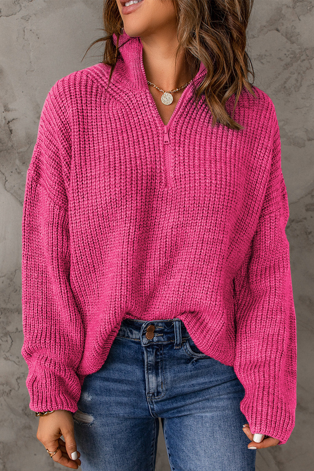 Dames Half Zip Rib-Knit Trui | Verlaagde Schouder | Hoge Hals