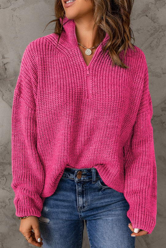Dames Half Zip Rib-Knit Trui | Verlaagde Schouder | Hoge Hals