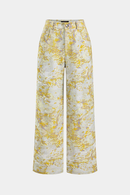 Abstracte Print Denim Knop Pocket Wijde Pantalon