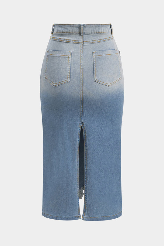 Gerimpelde One Shoulder Asymmetrische Touwtop en Denim Gewassen Knopzak Splitrok Set