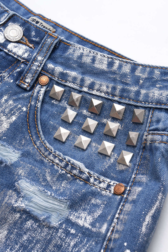 Denim Metallic Hoge Taille Studded Shorts