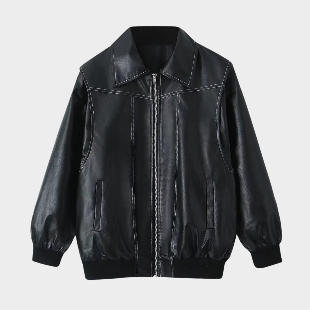 Dames Oversized Bomberjack | PU Leer met Contrasterende Stiksels | Jas met Rits en Voering