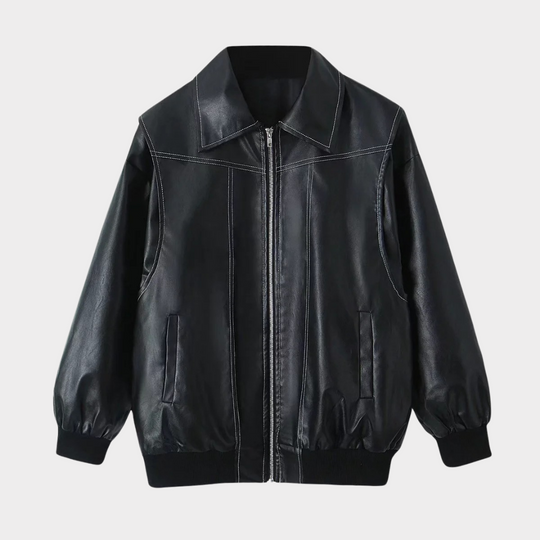 Dames Oversized Bomberjack | PU Leer met Contrasterende Stiksels | Jas met Rits en Voering
