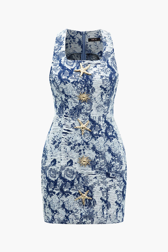 Bloemenpatroon Knop Denim Jurk