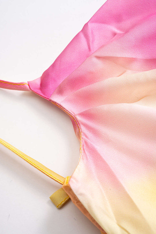 Satin Tie Dye Print Cowl Neck Tie-Up Rugloze Mouwloze Midi Jurk