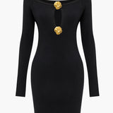 Effen Off Shoulder Knopen Ronde Hals Cut Out Mini Jurk
