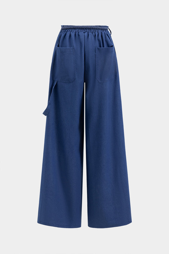 Denim Tube Top En Ruched Tie Front Pocket Wide Leg Jeans Set
