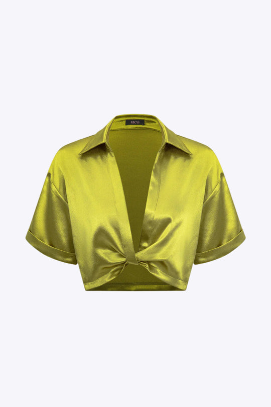 Priya - Elegante Satijnen Twist Knoop Korte Mouwen Shirt voor Dames
