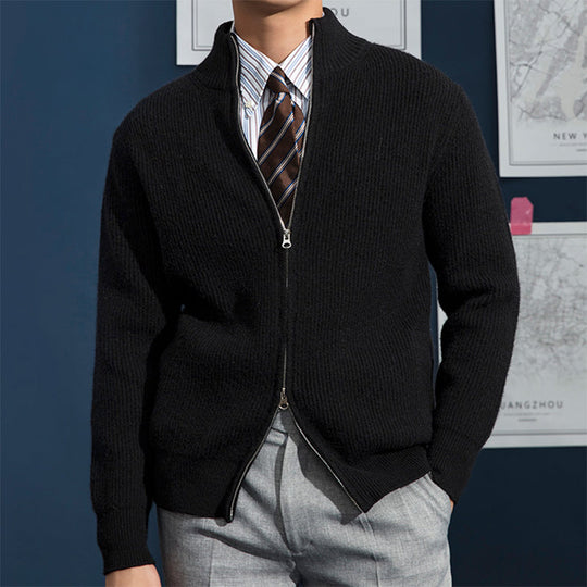 Heren Slim Fit Rits Cardigan met Geribbelde Textuur en Staande Kraag