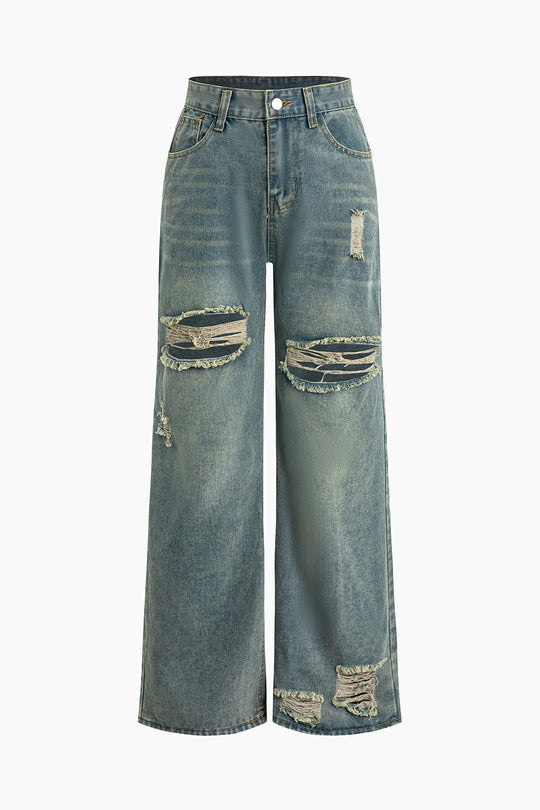 Retro Print Gewassen Gescheurde Asymmetrische Jeans