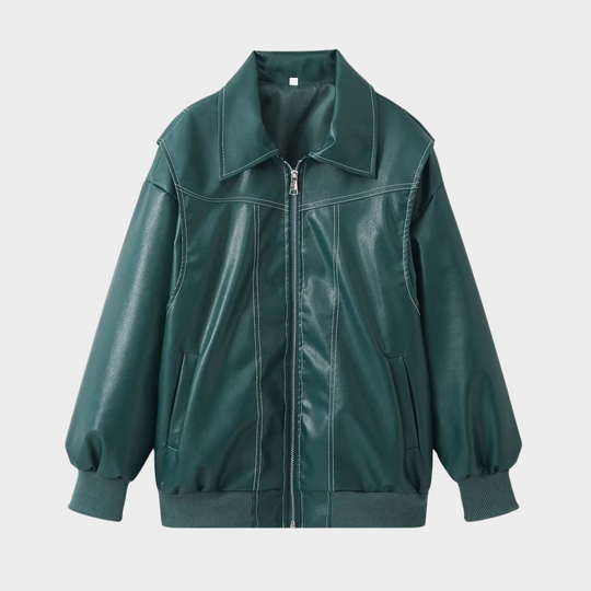 Dames Oversized Bomberjack | PU Leer met Contrasterende Stiksels | Jas met Rits en Voering