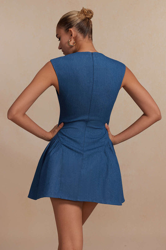 Effen Rimpel V-hals Denim Jurk