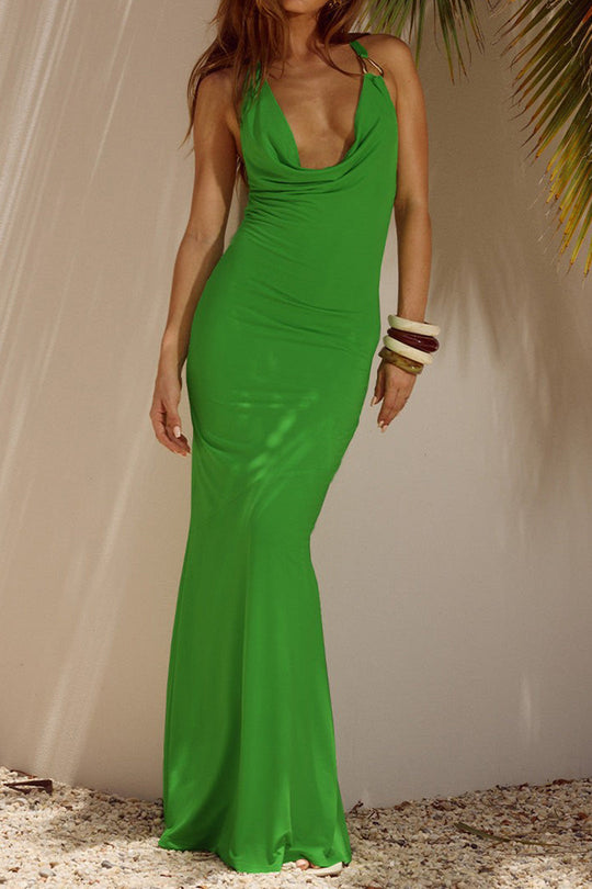 Chiffon Col Halter Rugloos Mouwloos Maxi Jurk
