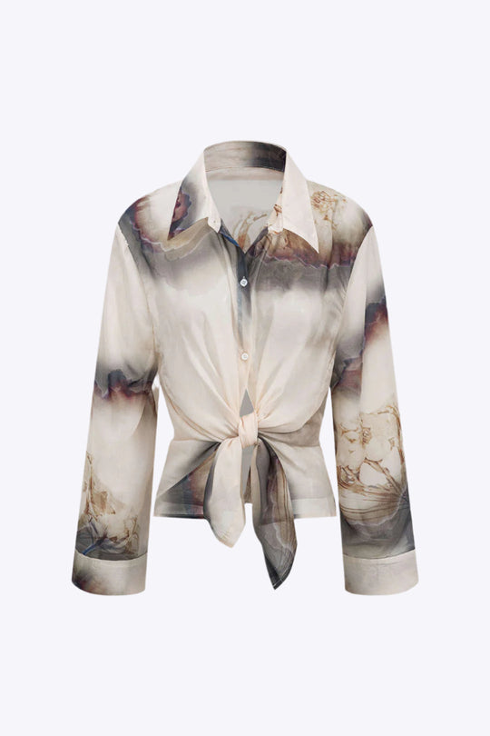 Calla - Elegante Abstracte Print Dames Chiffon Knopshirt