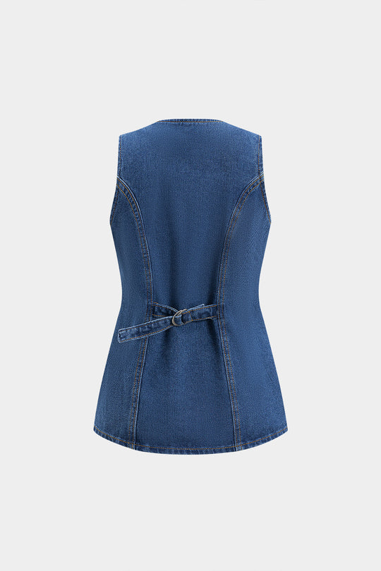 Denim Knopzak Ceintuurtop en Shorts Set