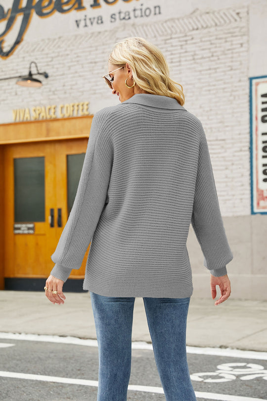 Horizontale Ribbel Johnny Kraag Trui | Lantaarnmouwen | Regular Fit