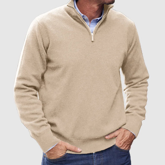 Heren Half-Zip Gebreide Trui met Staande Kraag en Geribbelde Mouwen