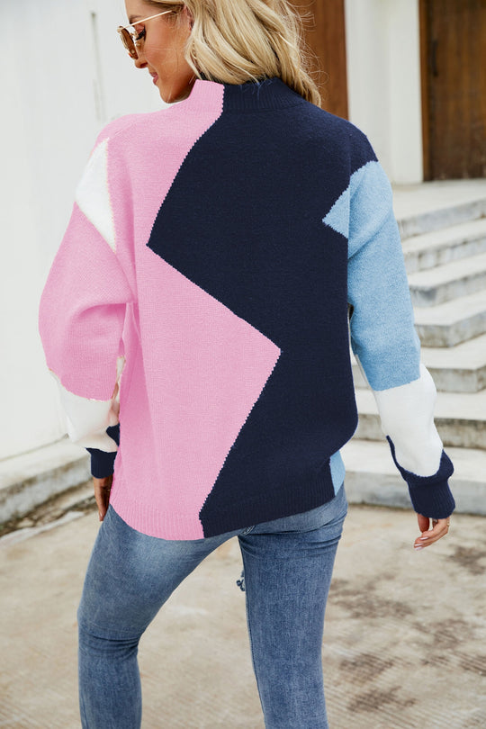 Dames Trui | Kleurblok Design met Mock Neck | Geribbelde Afwerking en Verlaagde Schouders