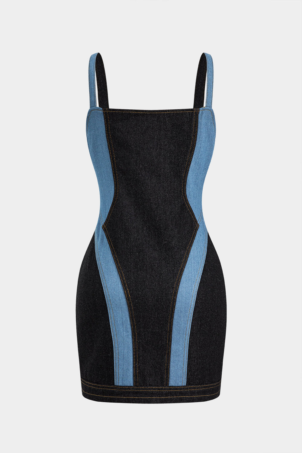 Contrast Denim Patchwork Zipper Bustier Jurk