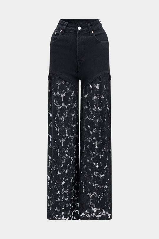 Kant Denim Patchwork Knop Pocket Wijde Pijpen Jeans