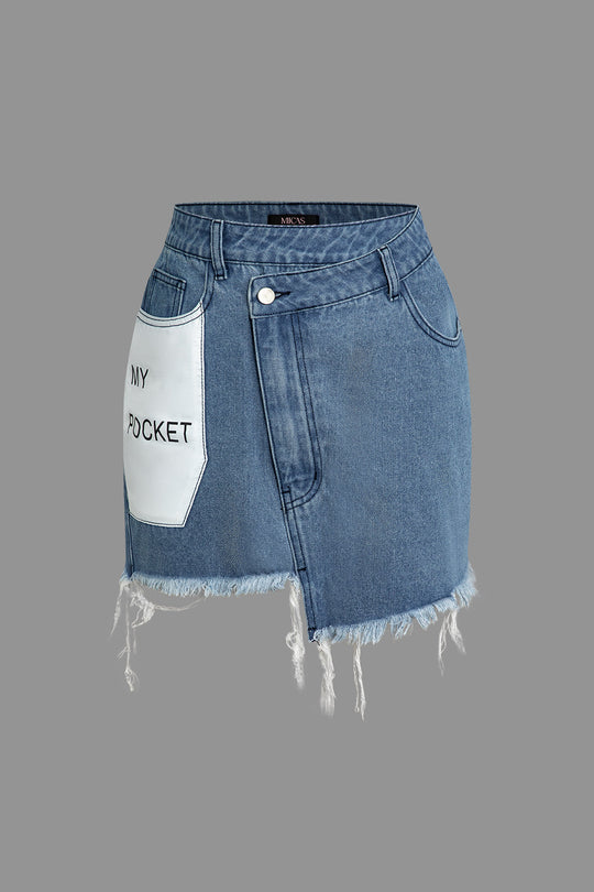 Brief Print Versleten Hem Denim Rok