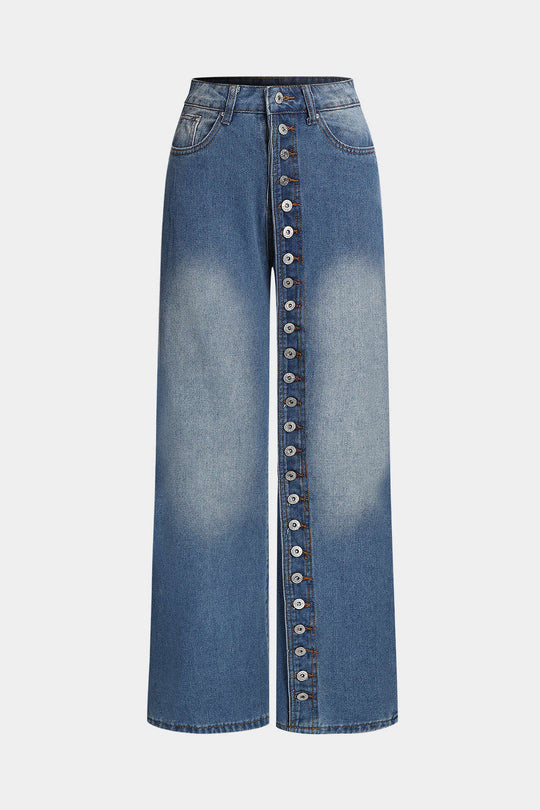 Denim Knopen Hoge Taille Rechte Jeans