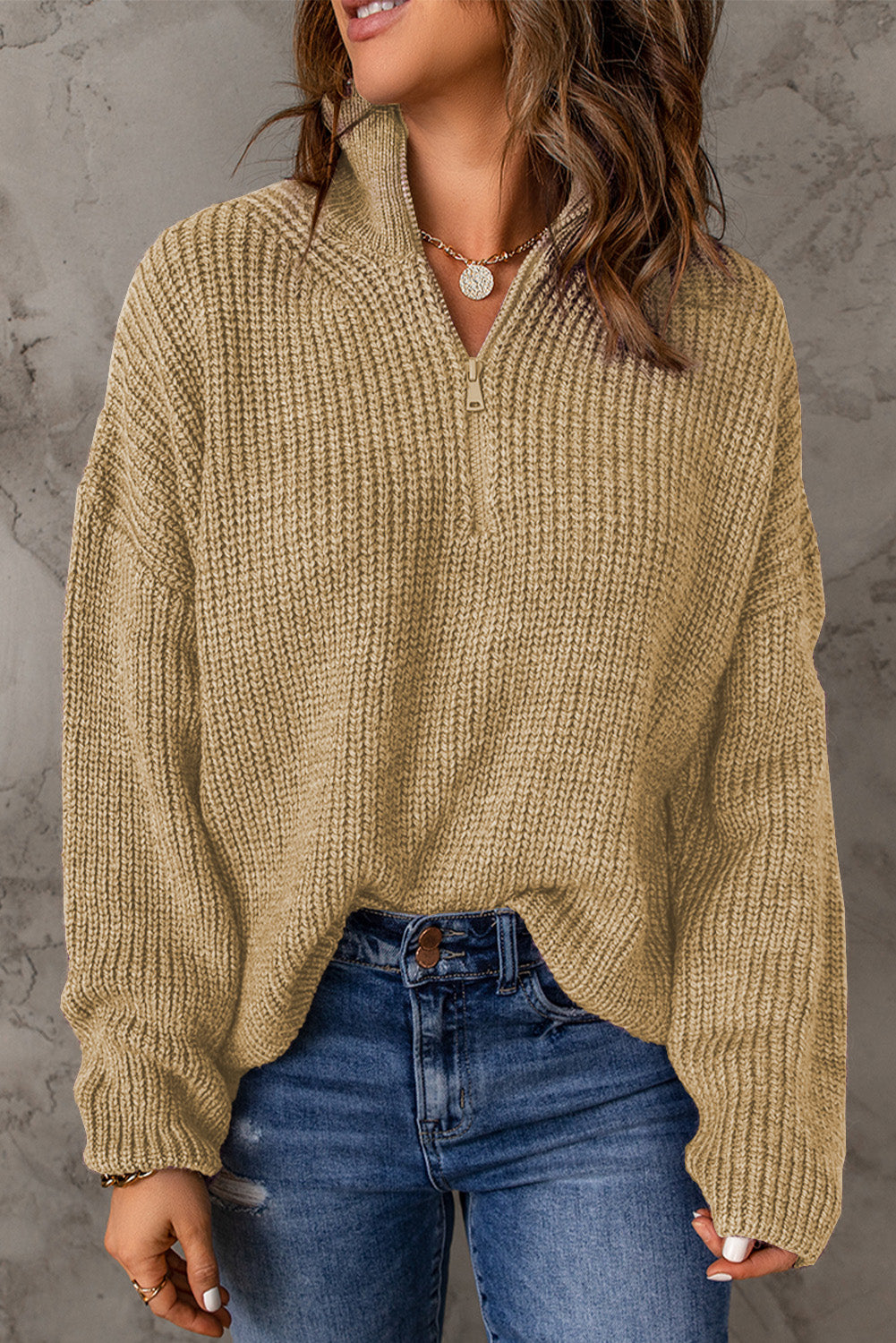 Dames Half Zip Rib-Knit Trui | Verlaagde Schouder | Hoge Hals