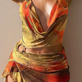 Abstracte Print Halter Cowl Neck Split Mini Jurk