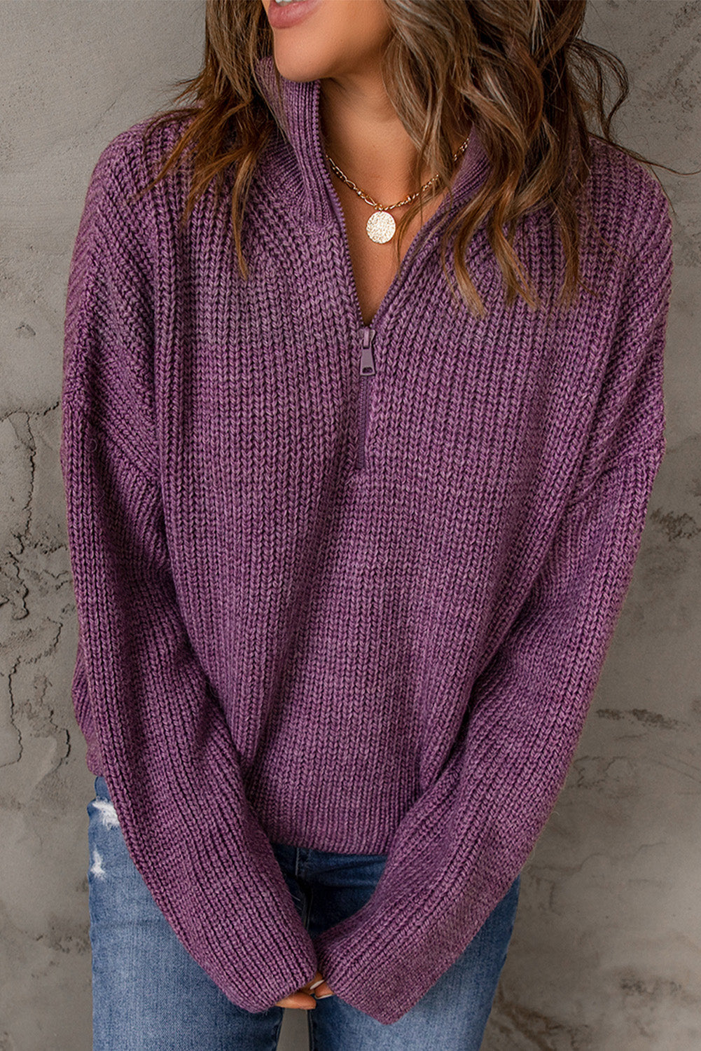 Dames Half Zip Rib-Knit Trui | Verlaagde Schouder | Hoge Hals