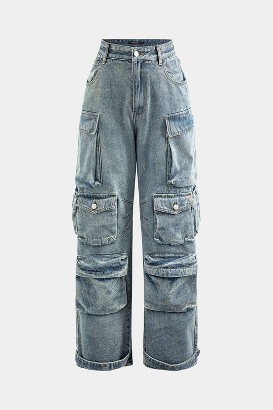 Multi Pocket Rolrand Wijde Pijpen Cargo Jeans