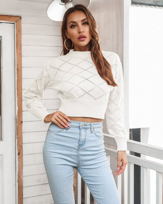 Opengewerkt Geribbelde Trim Lange Mouwen Korte Trui | Trendy & Comfortabel