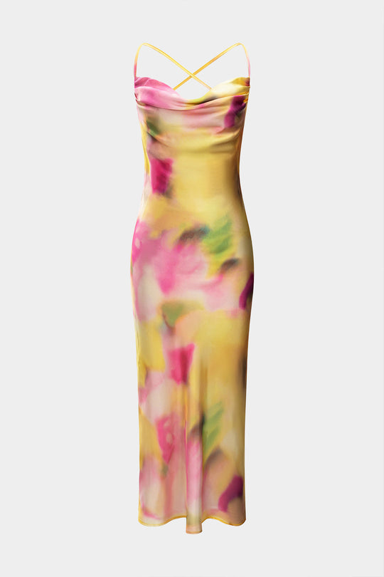 Satin Tie Dye Print Cowl Neck Tie-Up Rugloze Mouwloze Midi Jurk