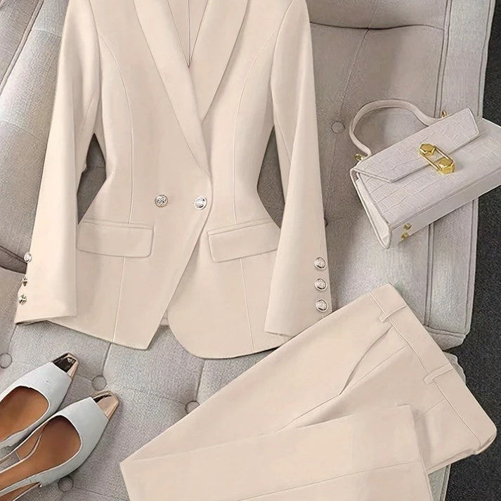 Gisla - Elegante Effen Kleur Tweedelige Blazer Set