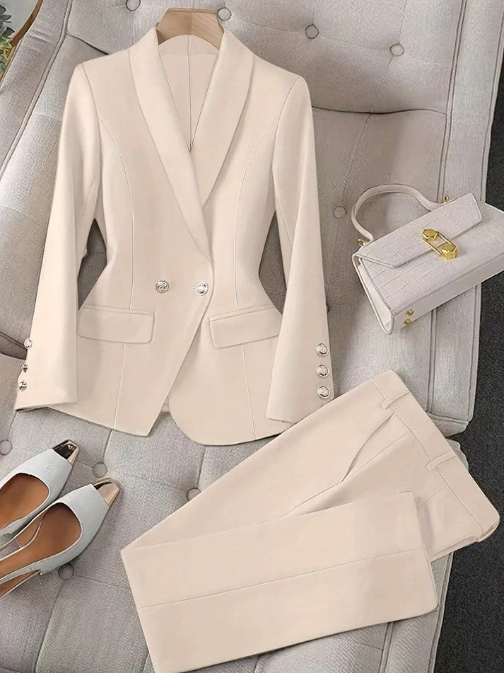 Gisla - Elegante Effen Kleur Tweedelige Blazer Set