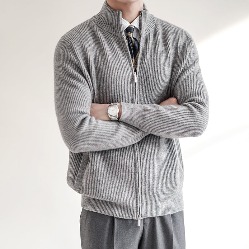Heren Slim Fit Rits Cardigan met Geribbelde Textuur en Staande Kraag