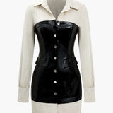 Button Patchwork Faux Leather Mini Dress