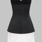 Strapless V-Hals Geplooide Patchwork Rits Mouwloze Bustier Mini Jurk