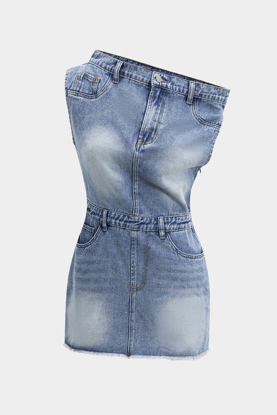 Denim Asymmetrische Halslijn Mini Jurk